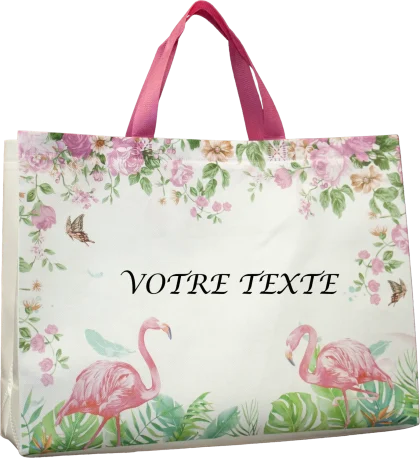 Reusable bag in white with flamingos pattern in non-woven polypropylene - 17.5 x 4.75 x 16 - 80 GSM