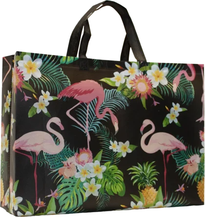 Reusable non-woven polypropylene bag with black flamingos - 17.5 x 4.75 x 15 - 80 GSM