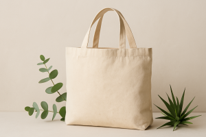 Sac en coton bio beige entouré de feuillage sur fond neutre
