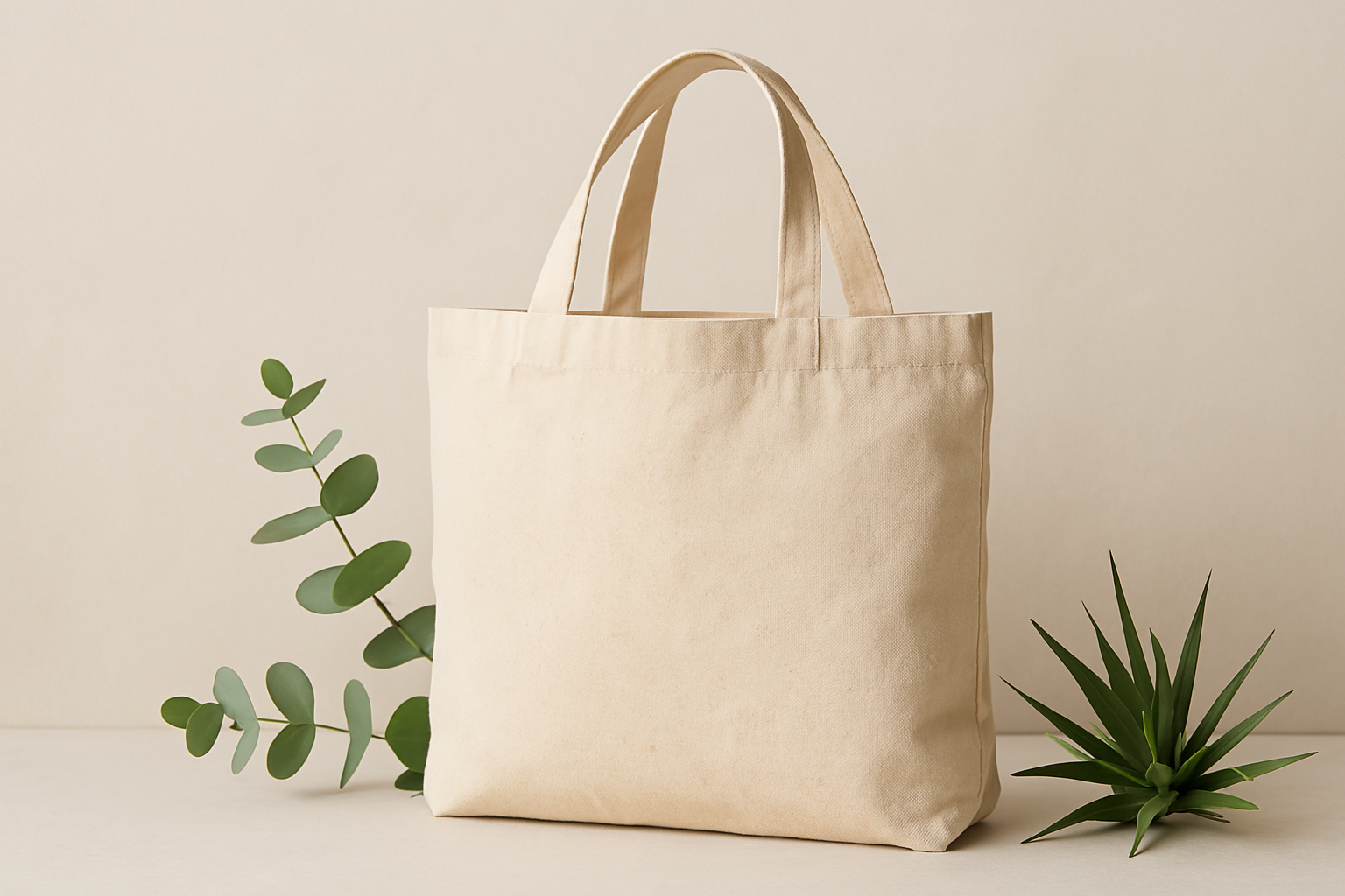 Sac en coton bio beige entouré de feuillage sur fond neutre