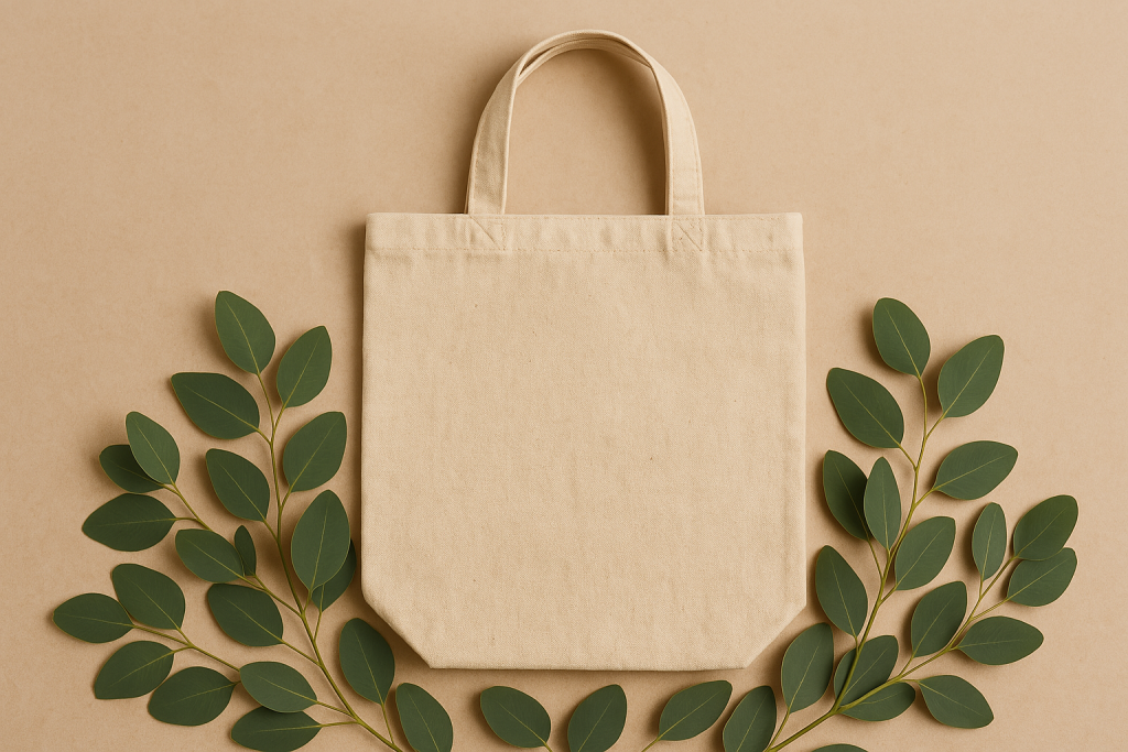 Sac en toile de coton bio posé à plat avec des branches de feuillage vert sur fond beige