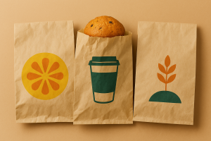 Trois sacs en papier kraft illustrés de motifs alimentaires minimalistes sur fond beige chaleureux.