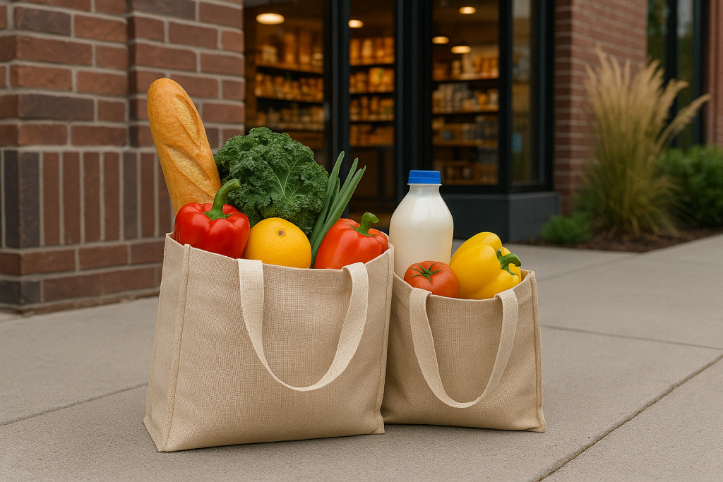 Deux sacs d’épicerie réutilisables sur un comptoir en bois près de fruits et légumes.