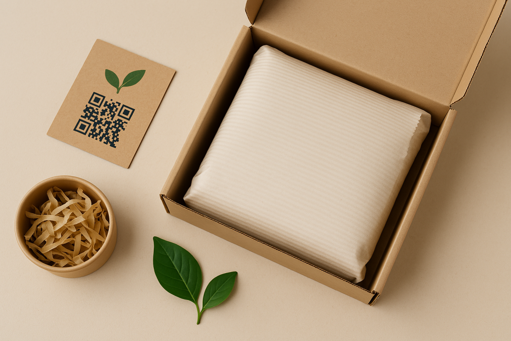 Boîte kraft ouverte avec contenu protégé, carte avec QR code