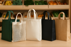 Cinq sacs réutilisables de types variés alignés sur une table dans une épicerie, incluant un sac tissé vert, un sac filet beige, un sac en toile écrue, un sac en polypropylène noir et un sac en papier kraft brun.