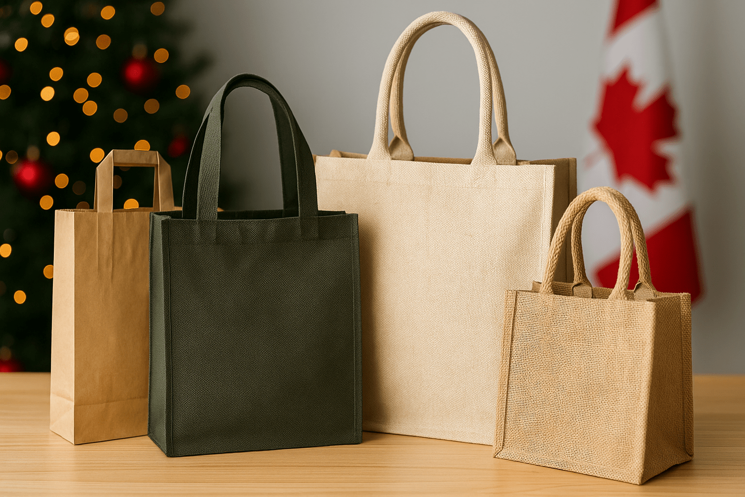 Quatre sacs réutilisables en coton, papier kraft, jute et polyester devant un drapeau canadien et un sapin de Noël.