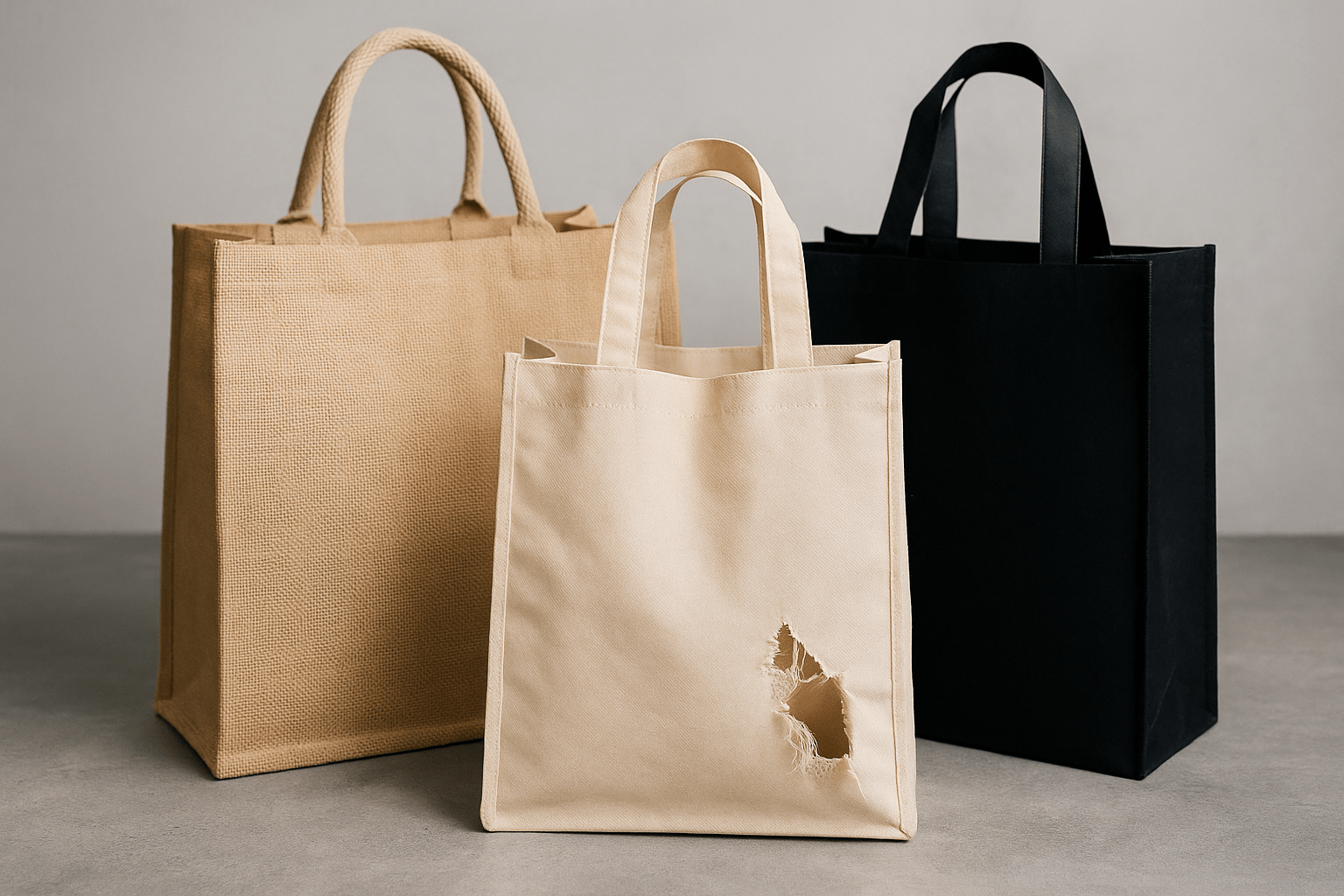 Comparaison de sacs réutilisables en gros : jute, sac abîmé et sac de qualité