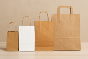 Sacs réutilisables en tissu et sacs en papier kraft de différentes tailles sur surface en bois