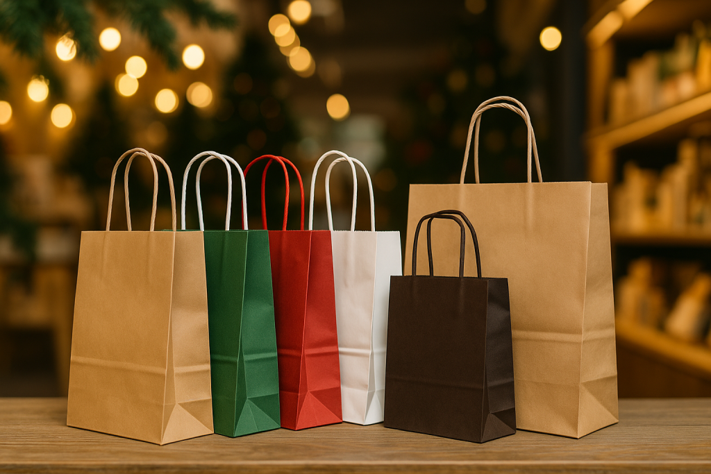 Sacs en papier colorés et sacs kraft alignés sur une table dans une ambiance festive de saison hivernale