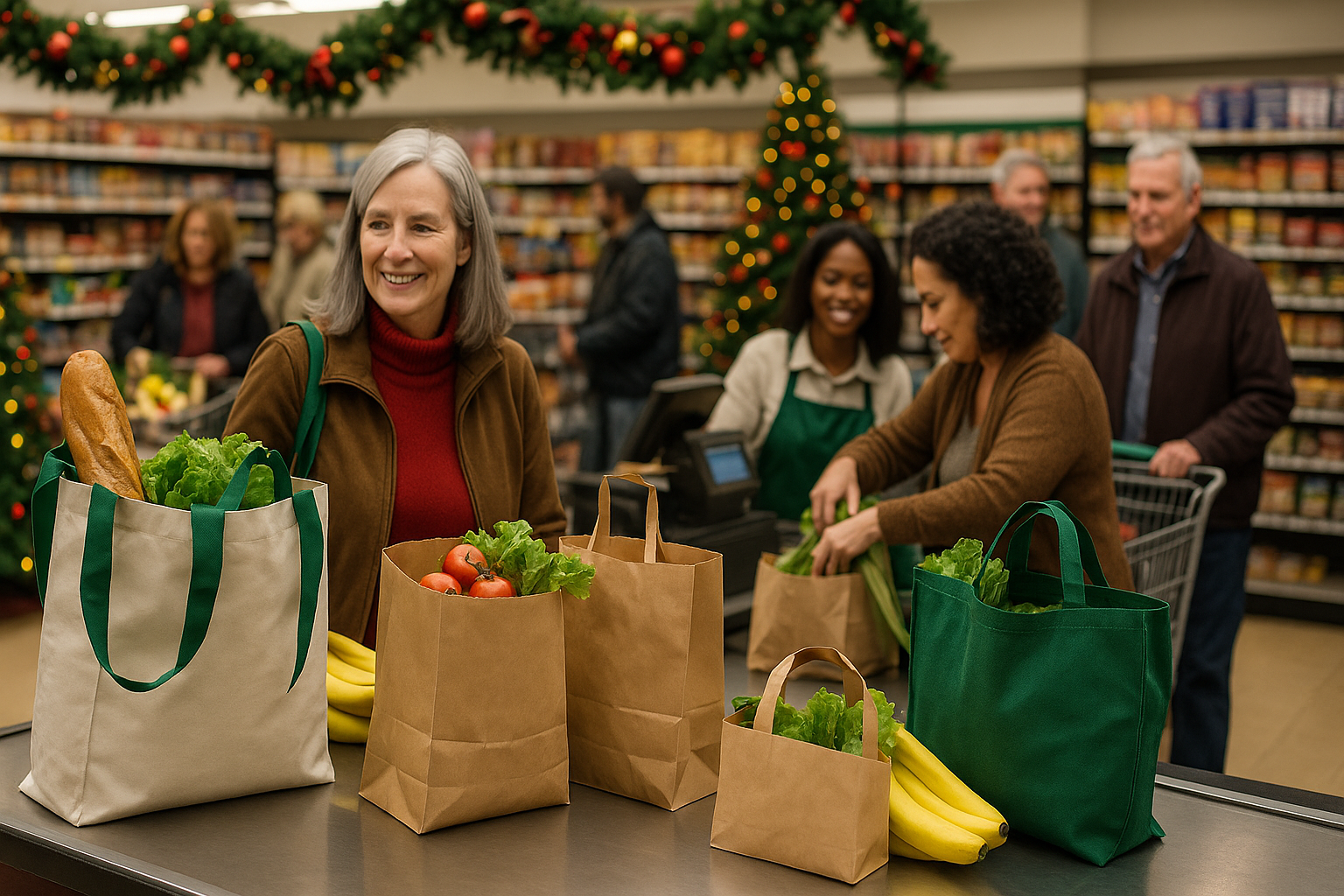 Holiday grocery store checkout with eco friendly paper and reusable bags filled with fresh produce