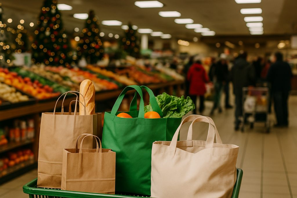 Reusable and paper grocery bags filled with fresh produce in a holiday grocery store
