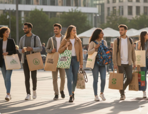 Individus avec des sacs personnalisés dans une ville.